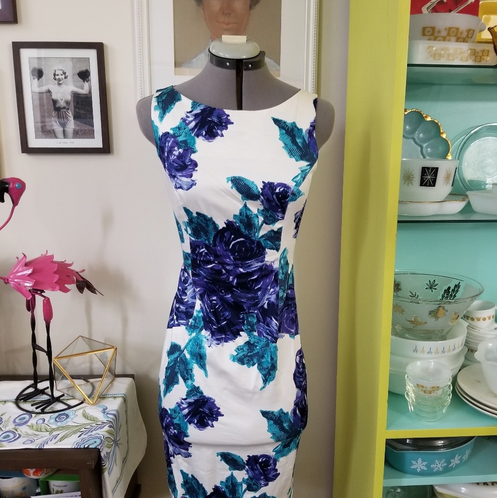 Pinup Couture Blue Floral Sheath Dress, Size Small
